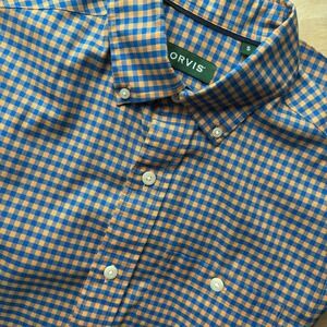 Orvis Men's Wrinkle Free‎ Button-Down Shirt Small Blue Orange Plaid Classic Fit